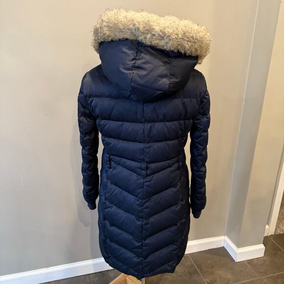 Esprit Quilted Down Puffer Jacket Parka Long Navy Gold Fur Detachable Hood Sz L - Picture 3 of 16